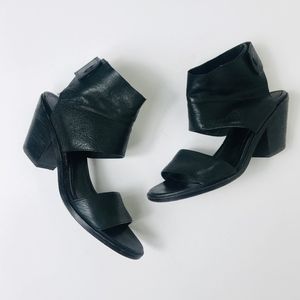 Eileen Fisher leather black sandals stacked heels
